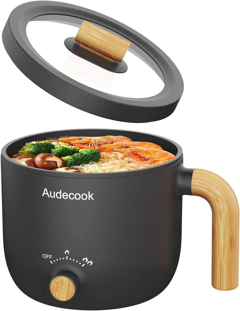 Audecook Hot Pot Electric, 1.5L Rapid Noodles Cooker, Portable Nonstick Mini Multicooker, Travel Electric Pot with Dual Power Control for Ramen/Pasta/Soup/Steak/Egg/Oatmeal (Black) - Image 1
